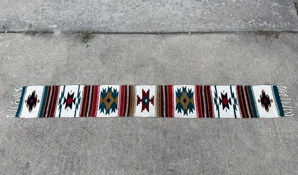 Wool Tribal Southwest Aztec Table Runner Vibrant Colors Fringe Handmade